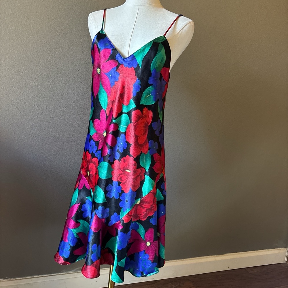 Floral Slip Dress in Black with Red & Green Flowers
